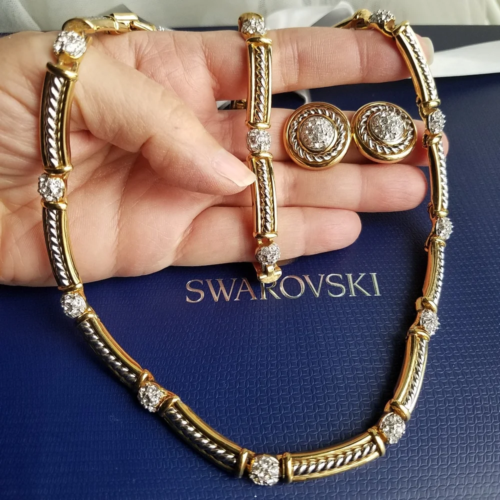 AUTHENTIC Swarovski 18k Gold Plated Tennis Necklace, Bracelet & Earrings SET - Picture 13 of 16